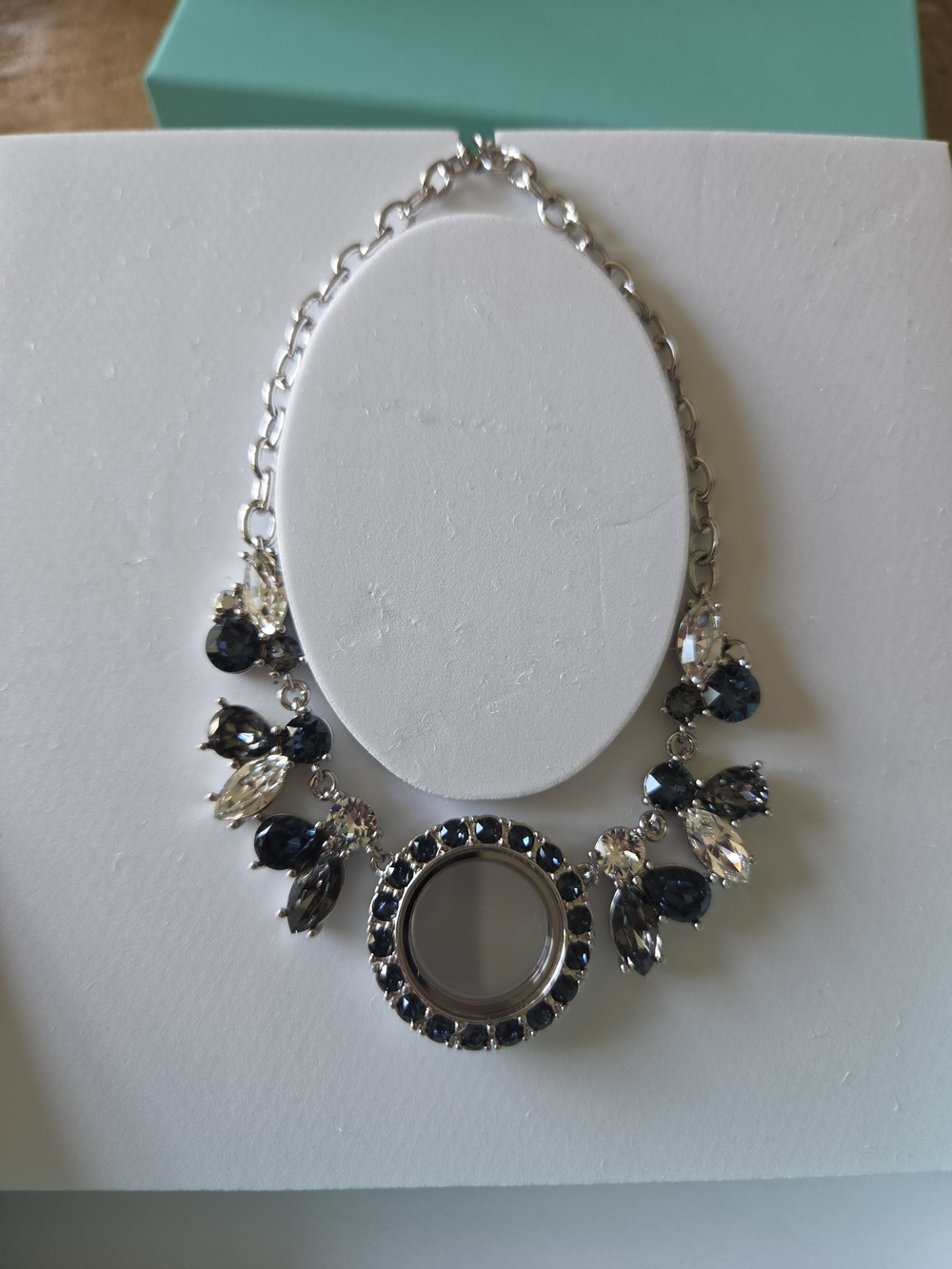 Origami Owl Silver Locket Necklace with Dark Blue and Clear Crystals